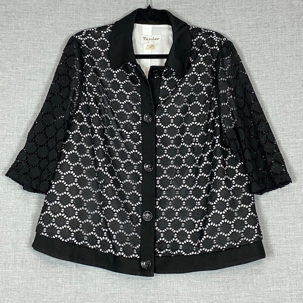 TanJay Petites Crop Sleeve Top Black Cut Outs over White Sz 16P